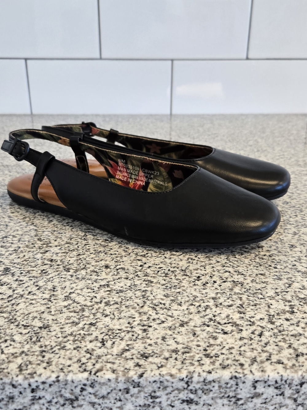 boc Black Leather Slingback Flats with Floral Lining